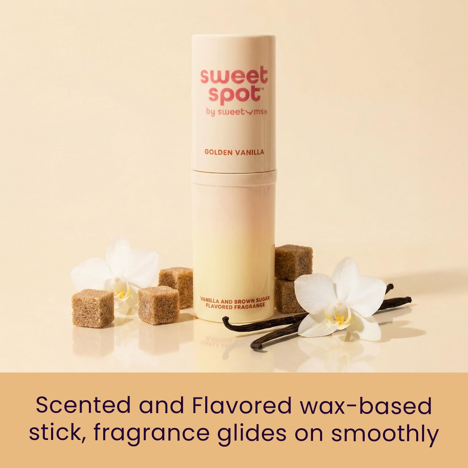Sweetums solid fragrance stick uncapped to display the smooth vanilla scented balm formulation.