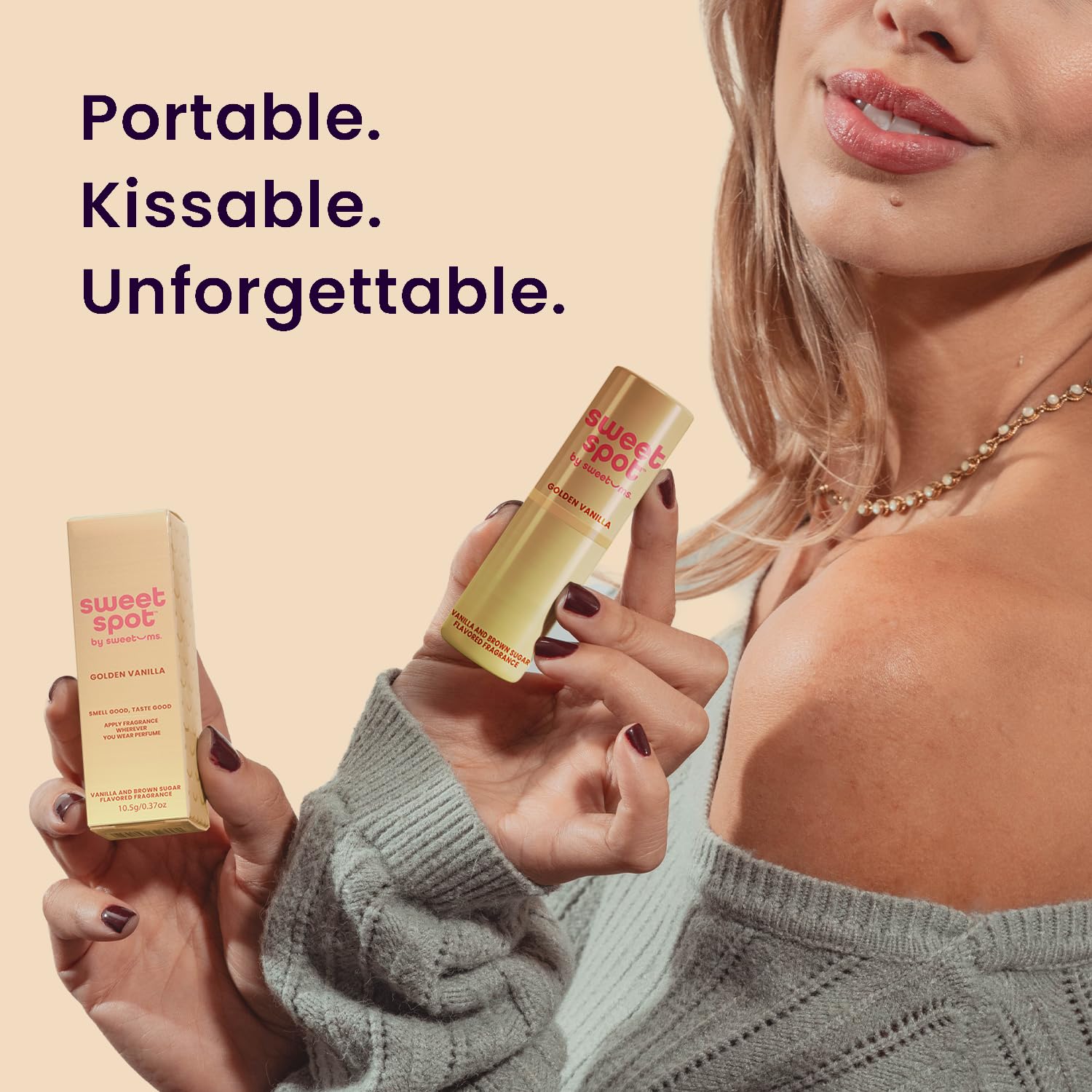 The portable travel friendly Sweetums fragrance stick being slipped effortlessly into a small handbag.