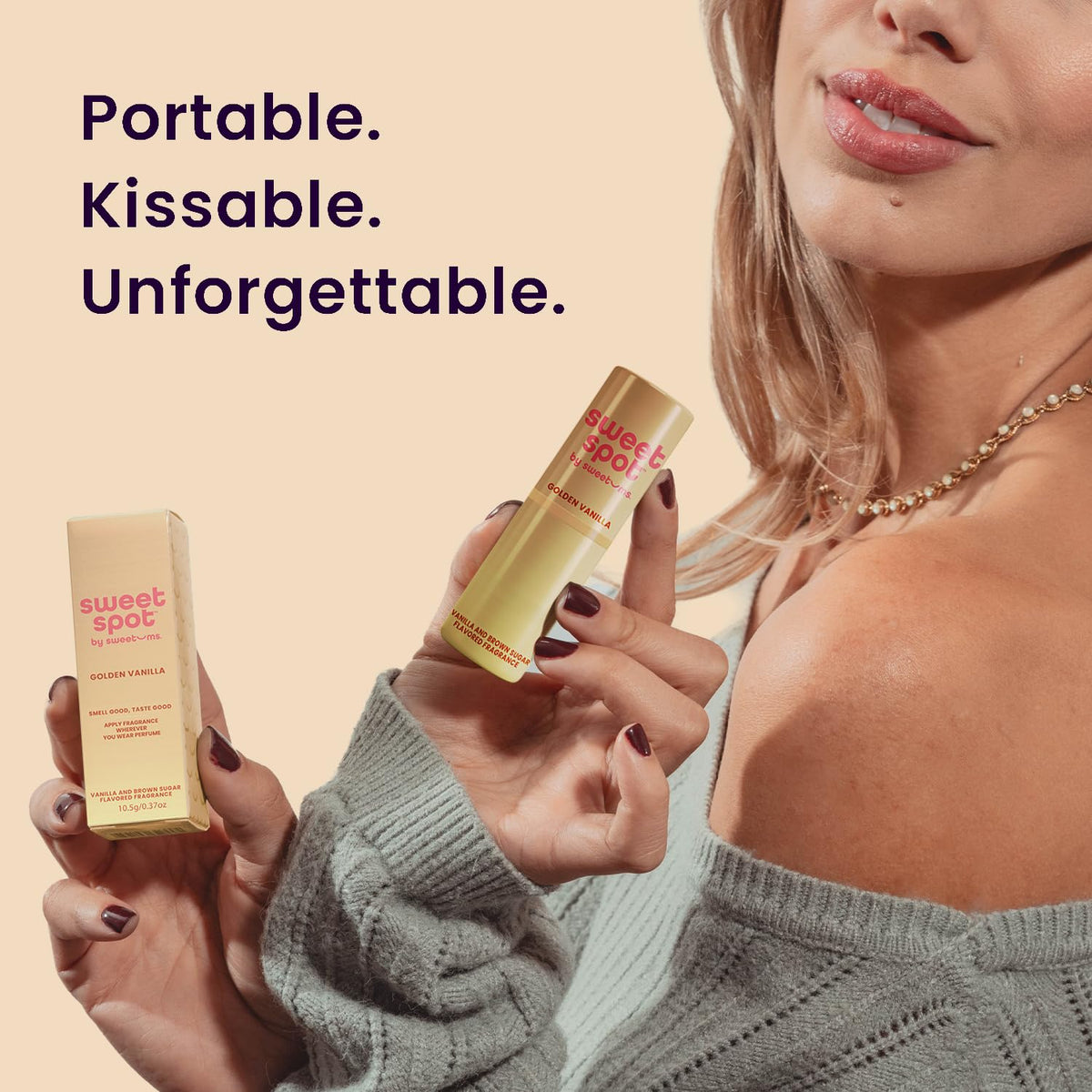 The portable travel friendly Sweetums fragrance stick being slipped effortlessly into a small handbag.