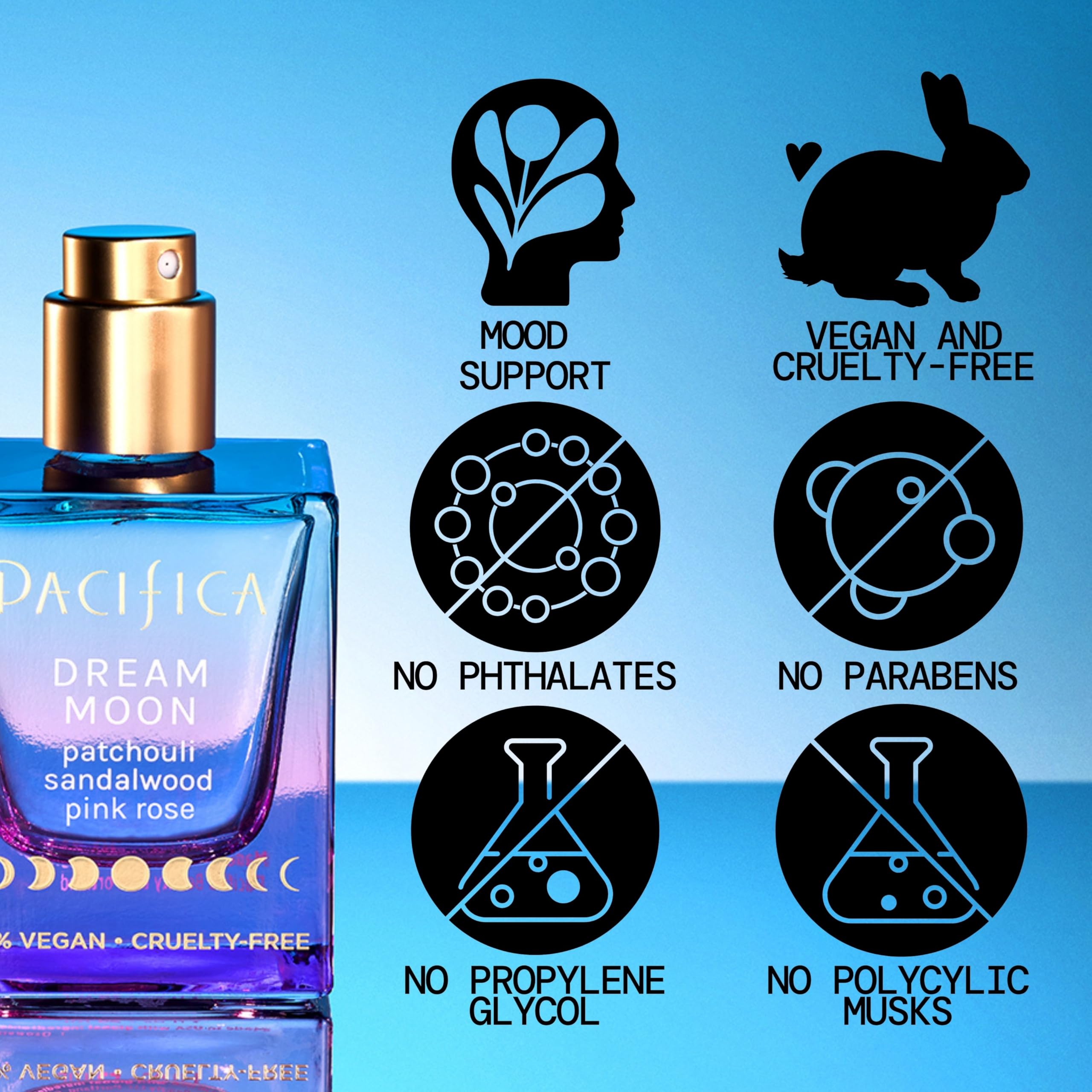 Pacifica Dream Moon floral woody perfume bottle on white background