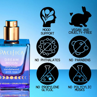Pacifica Dream Moon floral woody perfume bottle on white background