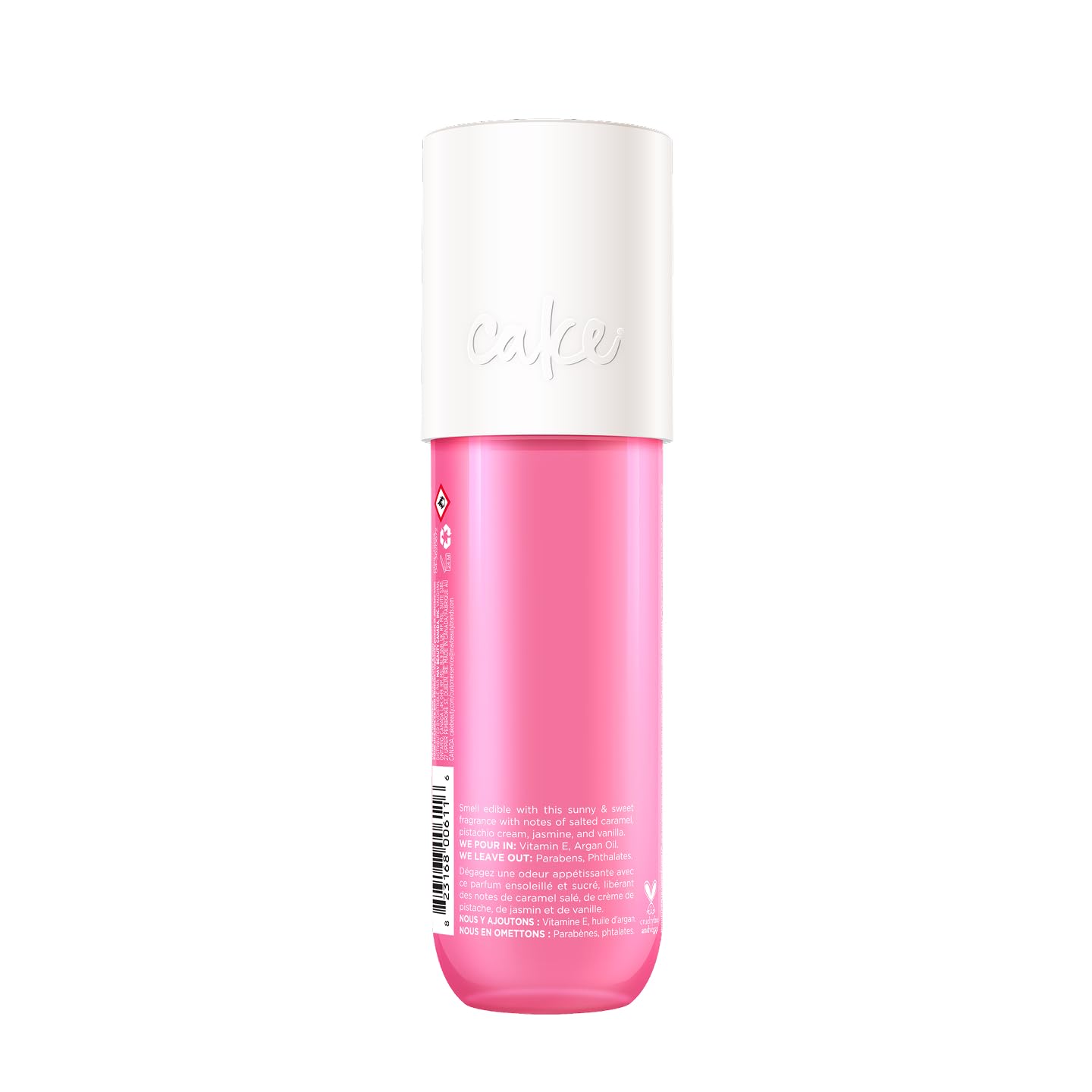 Cake Beauty Pistachio and Salted Caramel fragrance spray bottle close up
