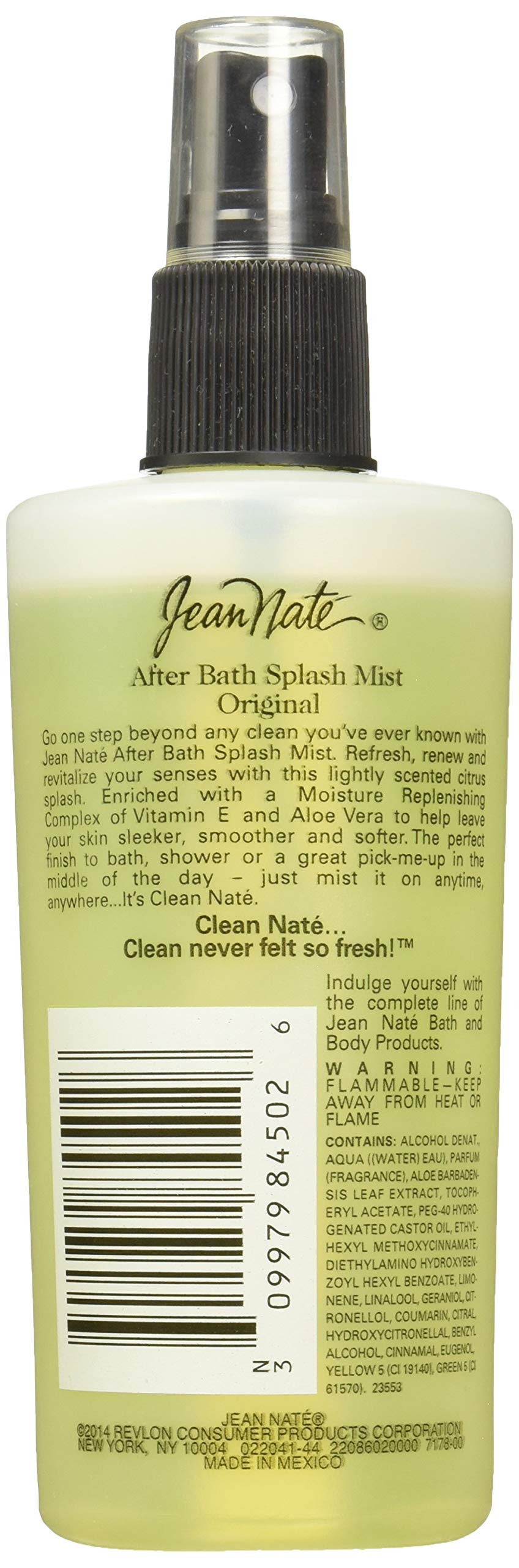 Revlon Jean Nate classic American imported after bath body splash bottle with yellow moisture replenishing formula.