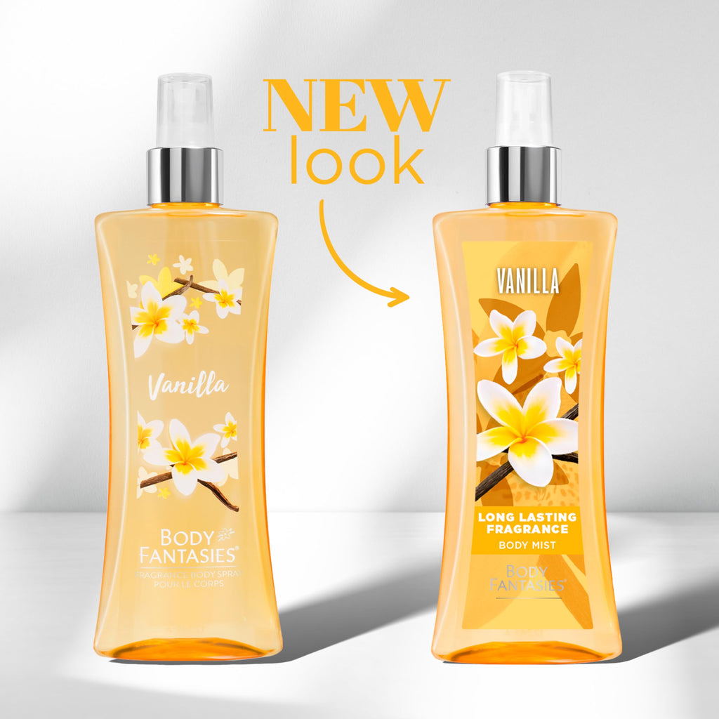 Two bottles of Body Fantasies Vanilla fragrance mist