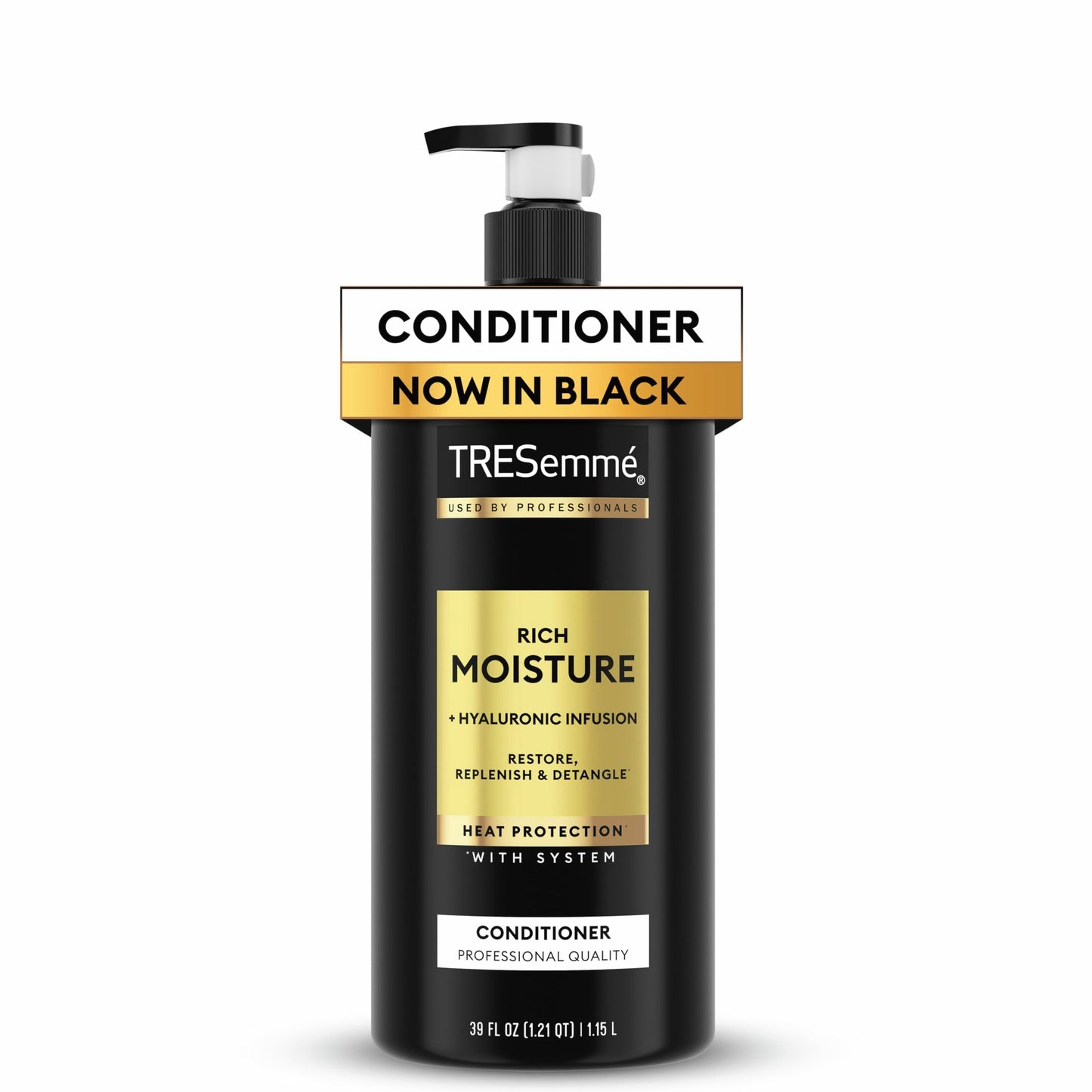Large 39 fluid ounce bottle of TRESemmÃ© professional hair treatment for hydration