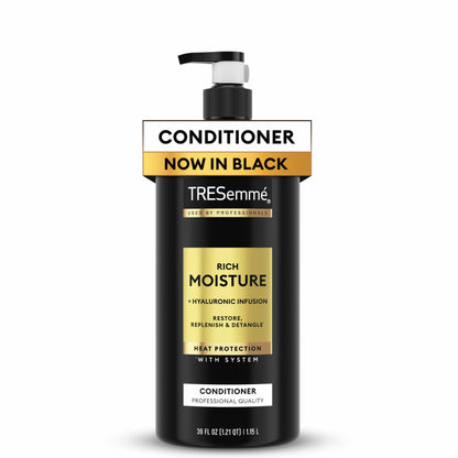 Large 39 fluid ounce bottle of TRESemmÃ© professional hair treatment for hydration