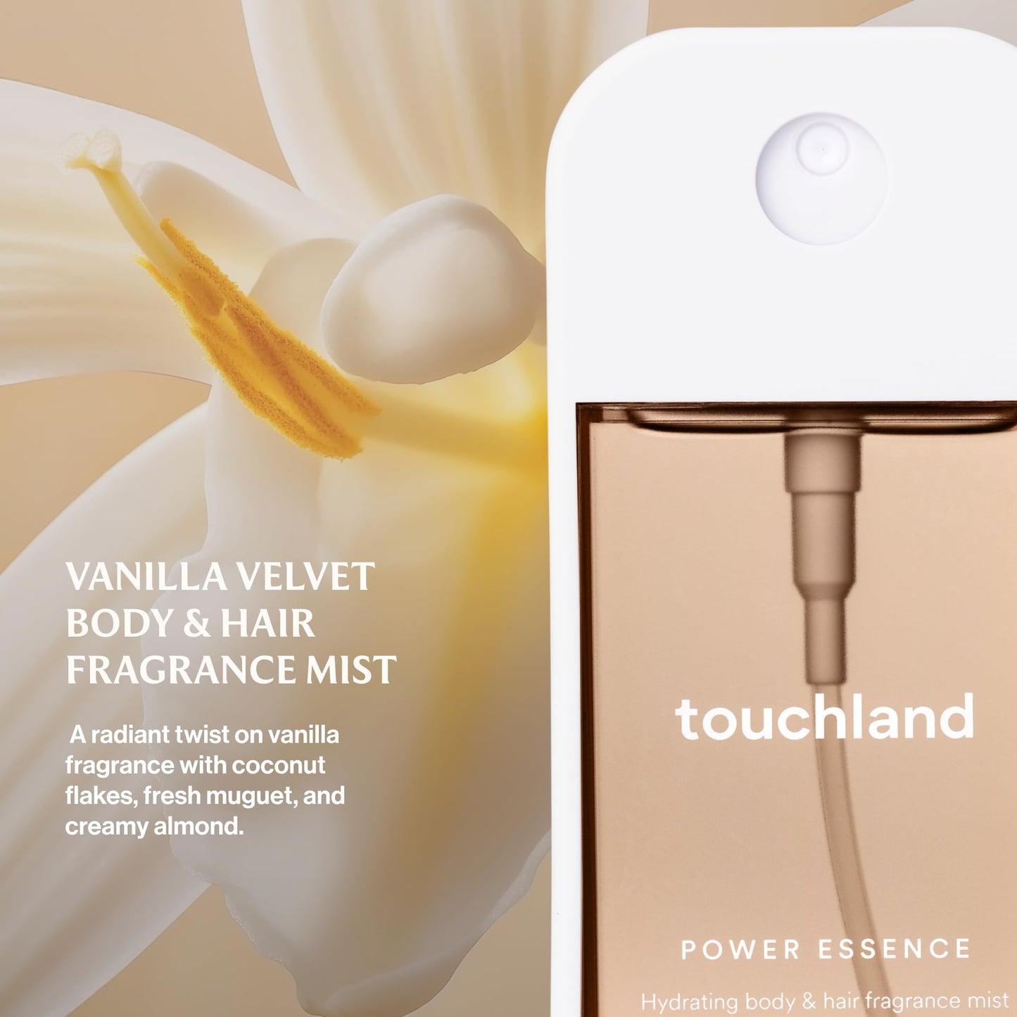 Touchland Vanilla Velvet travel size fragrance spray bottle close up