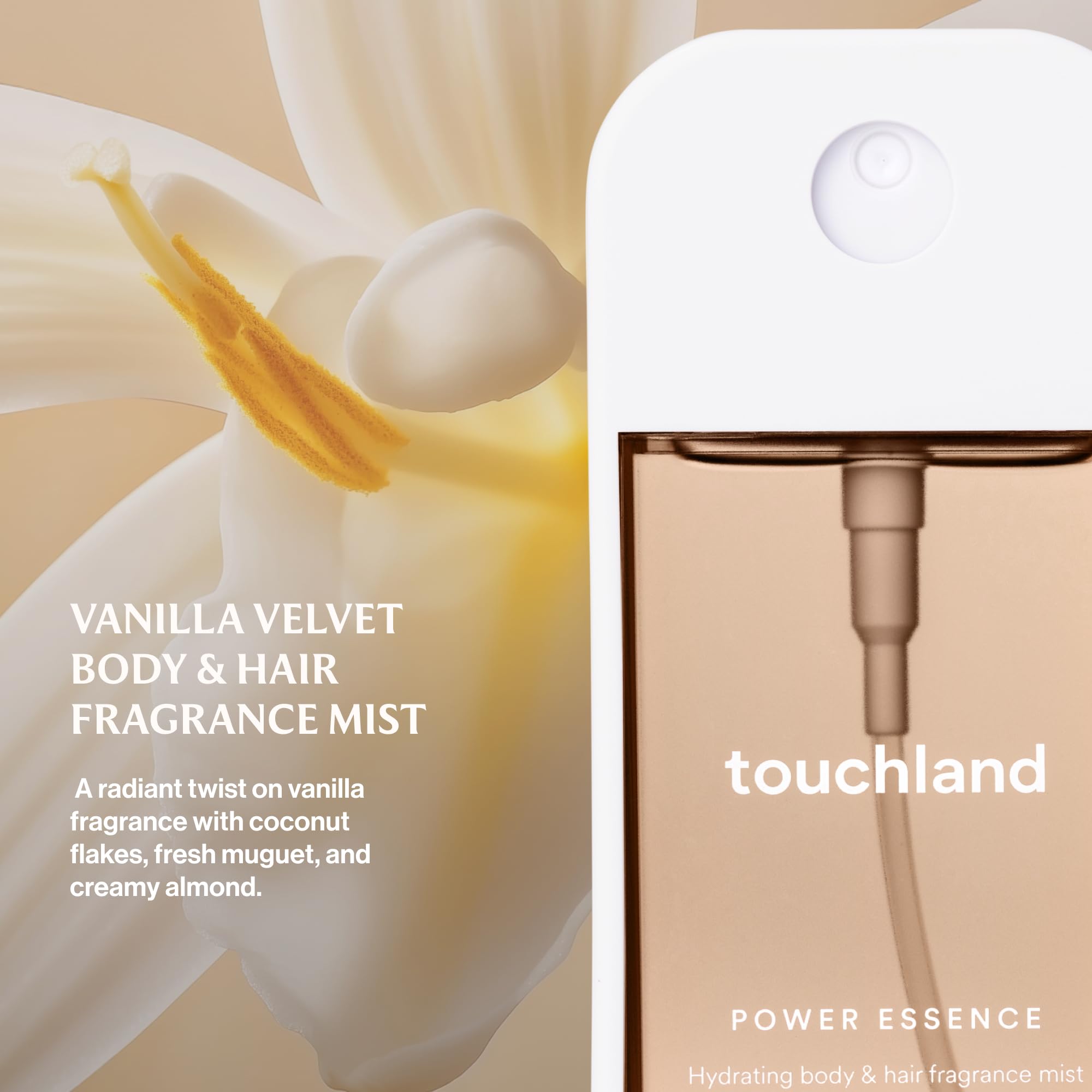 Touchland Vanilla Velvet travel size fragrance spray bottle close up
