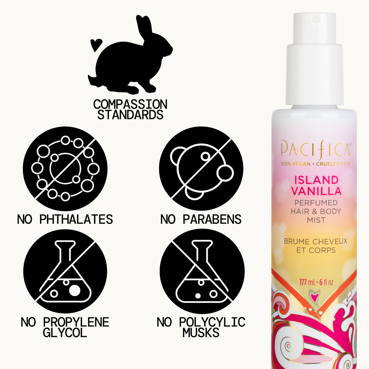 Vegan and cruelty-free labels on Pacifica perfume bottle