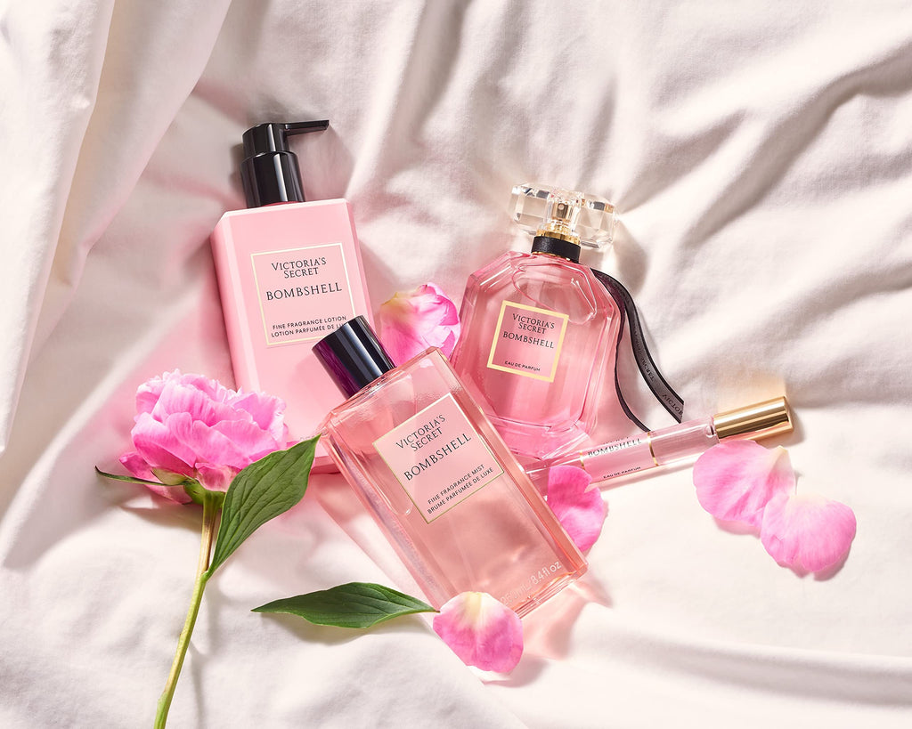 Close up of Victoria's Secret Bombshell perfume mist bottle