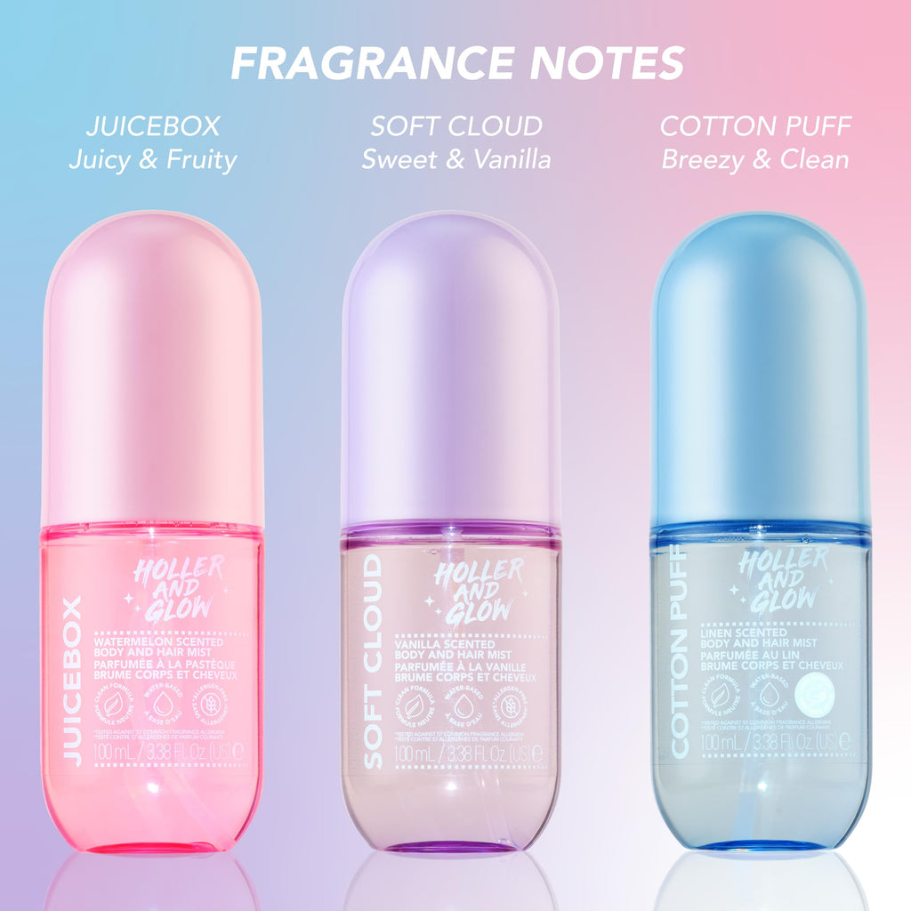 Holler And Glow mood boosting body mist three point thirty eight fluid ounce bottle