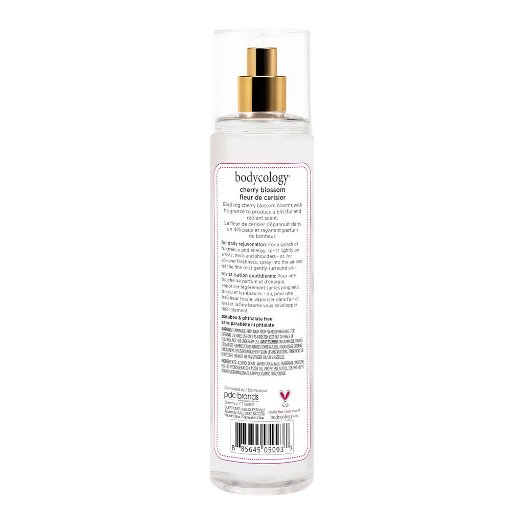 Close up of Bodycology Cherry Blossom fragrance mist label