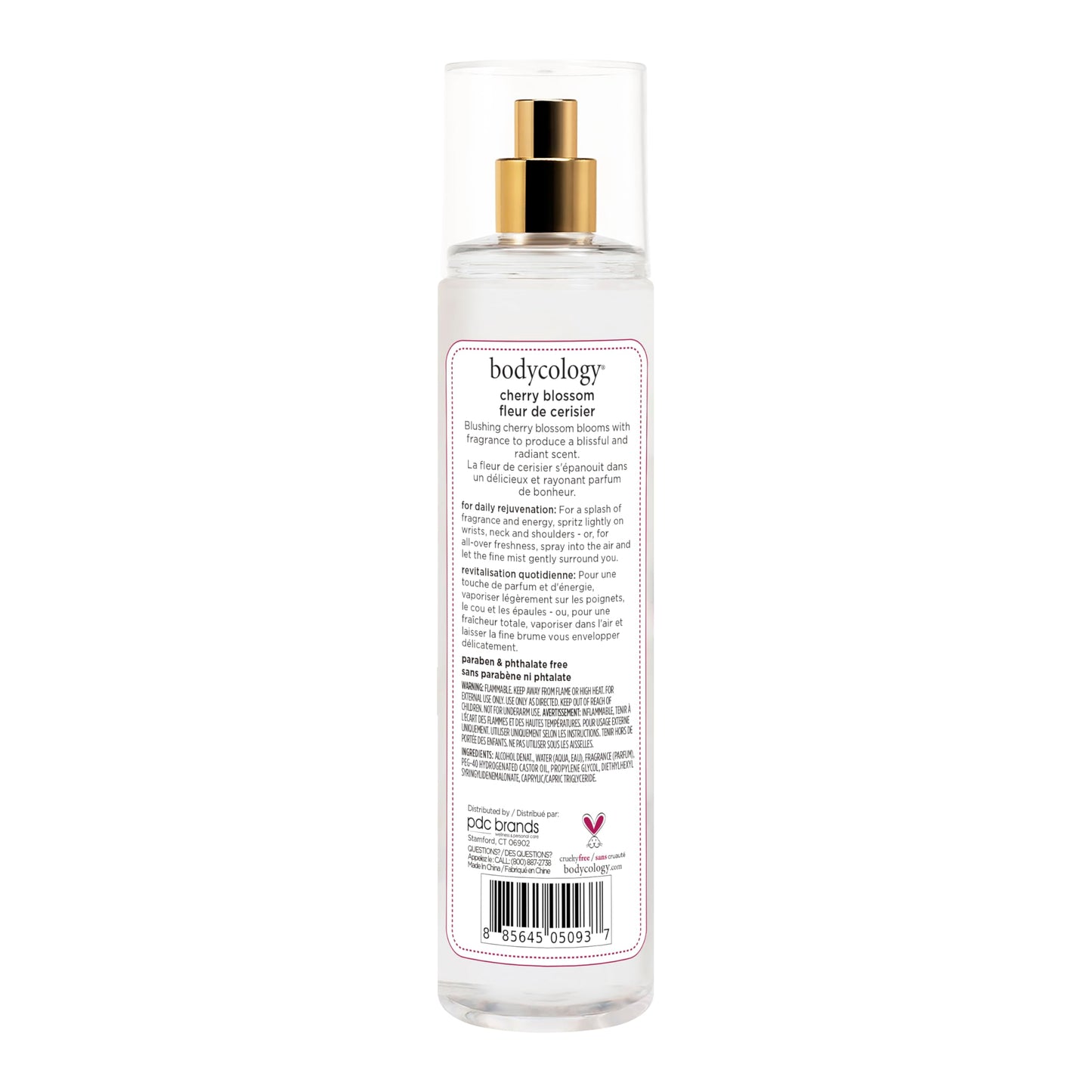 Close up of Bodycology Cherry Blossom fragrance mist label