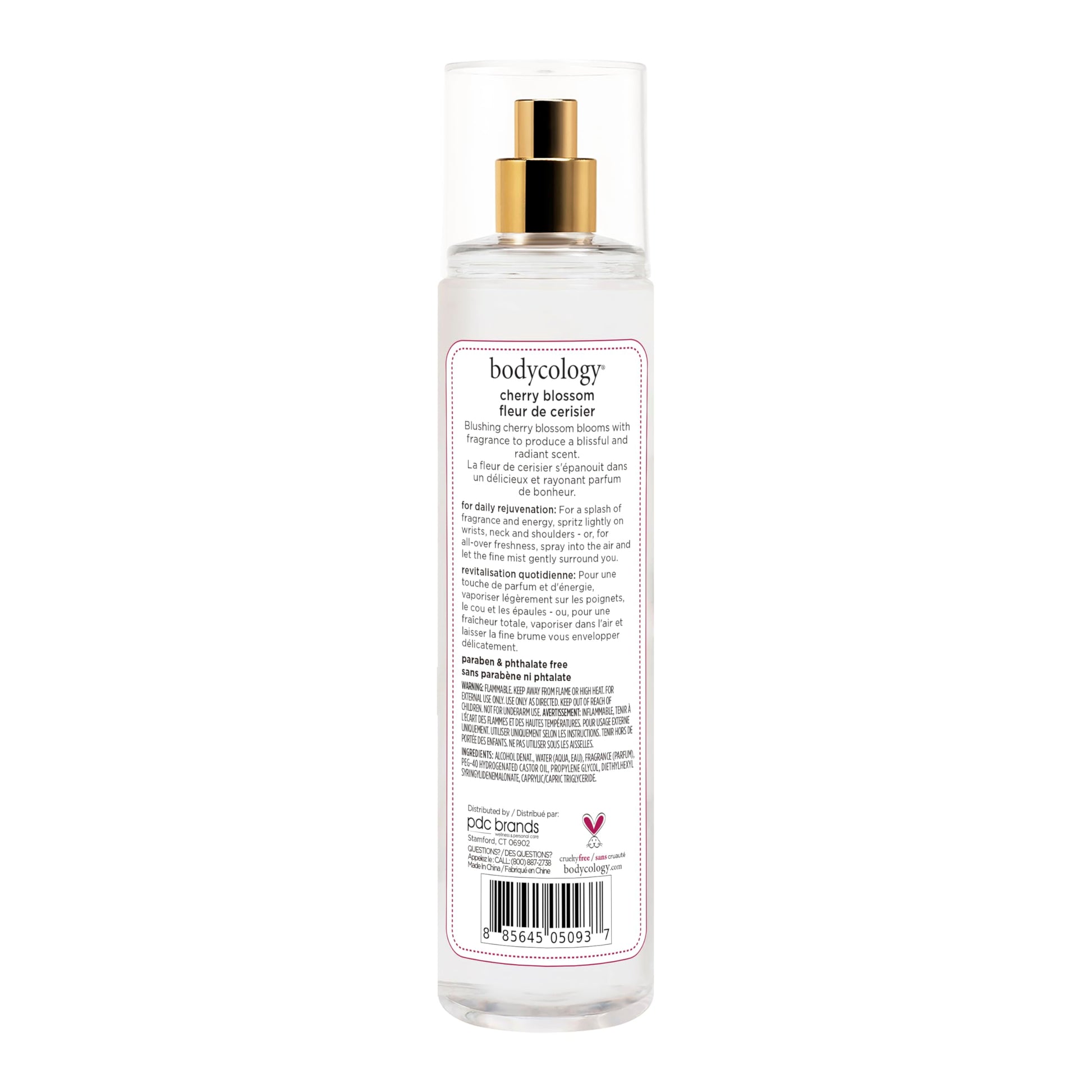 Close up of Bodycology Cherry Blossom fragrance mist label