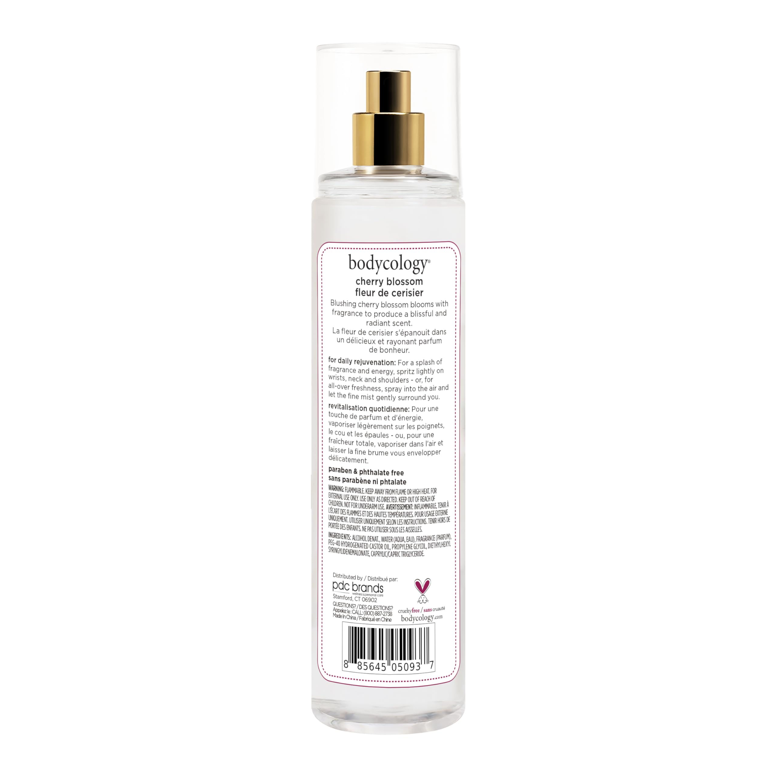 Close up of Bodycology Cherry Blossom fragrance mist label