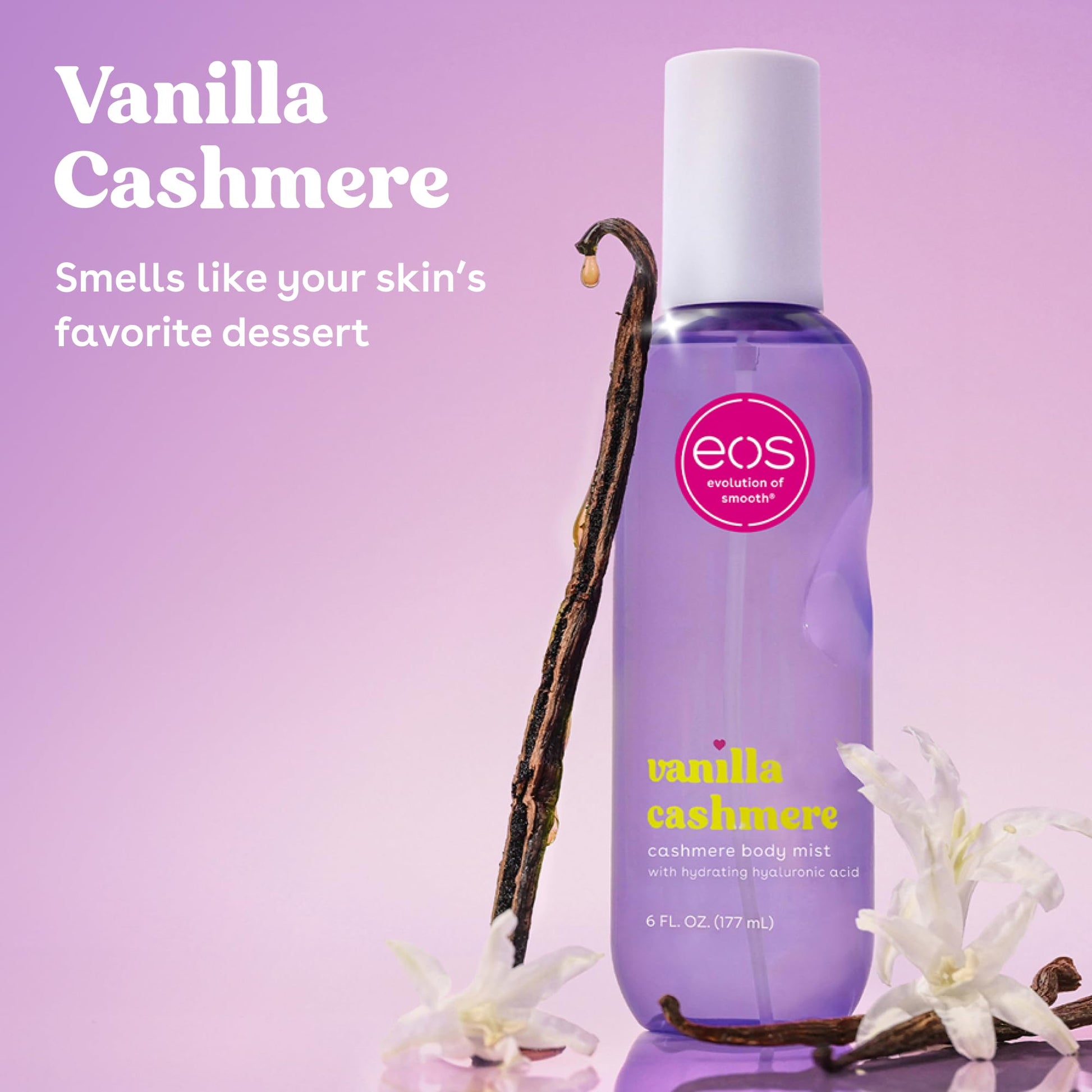 Eos Vanilla Cashmere body spray bottle lifestyle shot