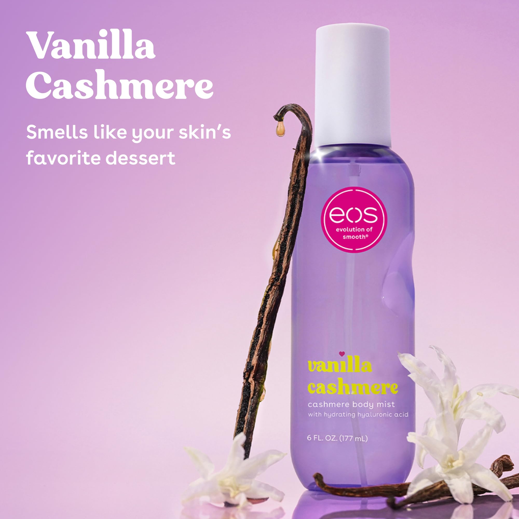 Eos Vanilla Cashmere body spray bottle lifestyle shot