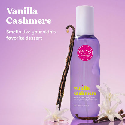 Eos Vanilla Cashmere body spray bottle lifestyle shot