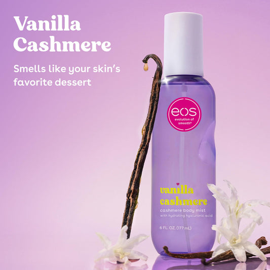 Eos Vanilla Cashmere body spray bottle lifestyle shot