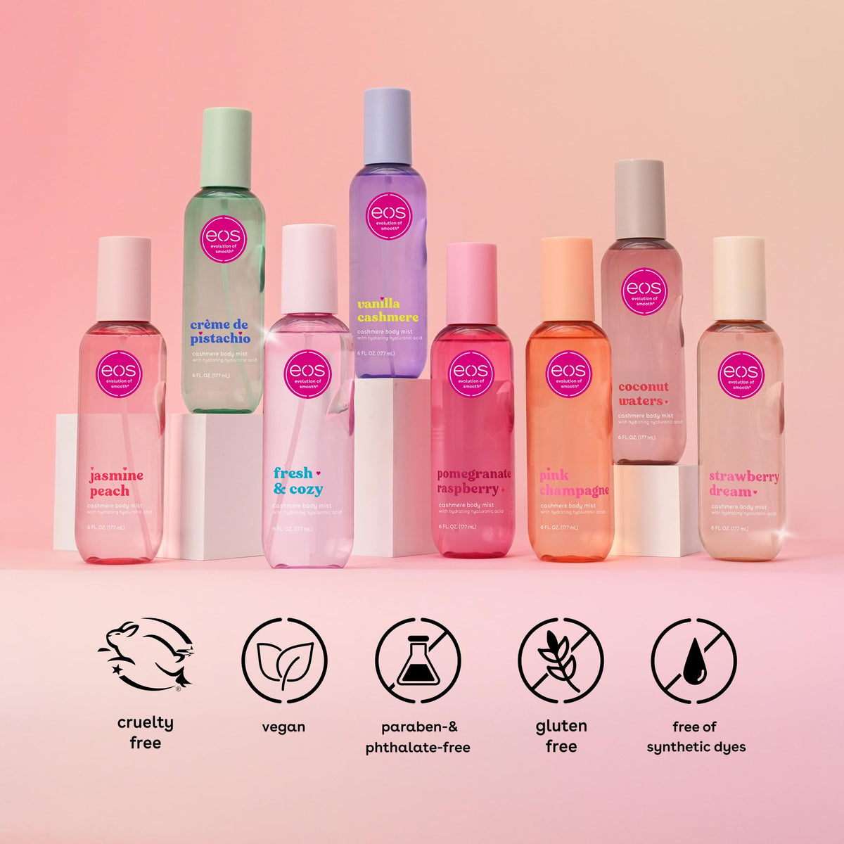 Back view of Eos Cashmere body mist showing vegan and cruelty-free icons