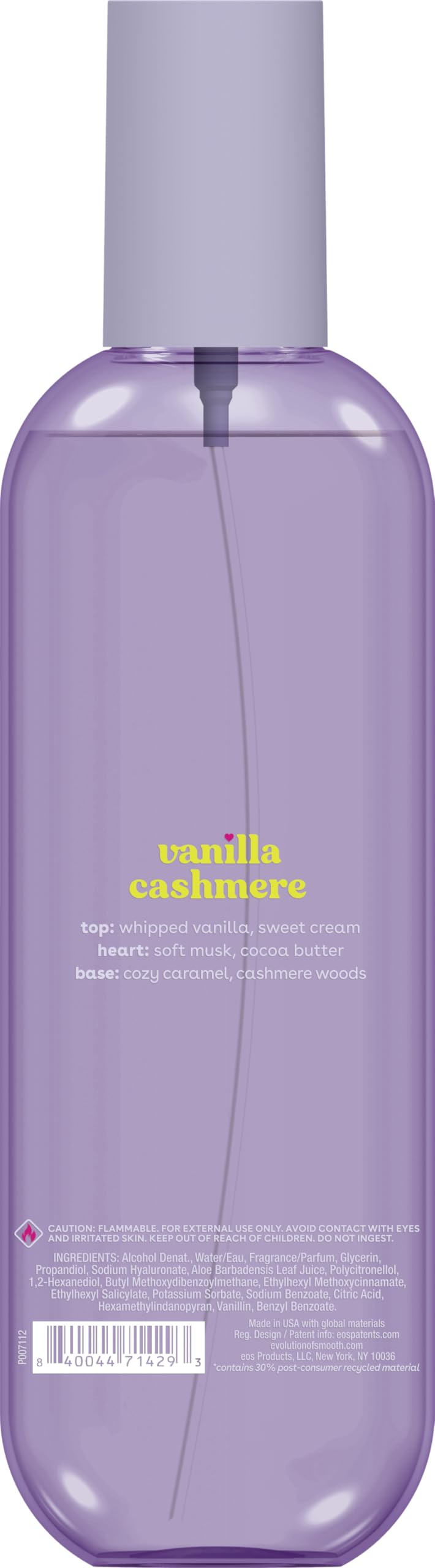 Eos Cashmere body mist bottle next to complementary skincare products