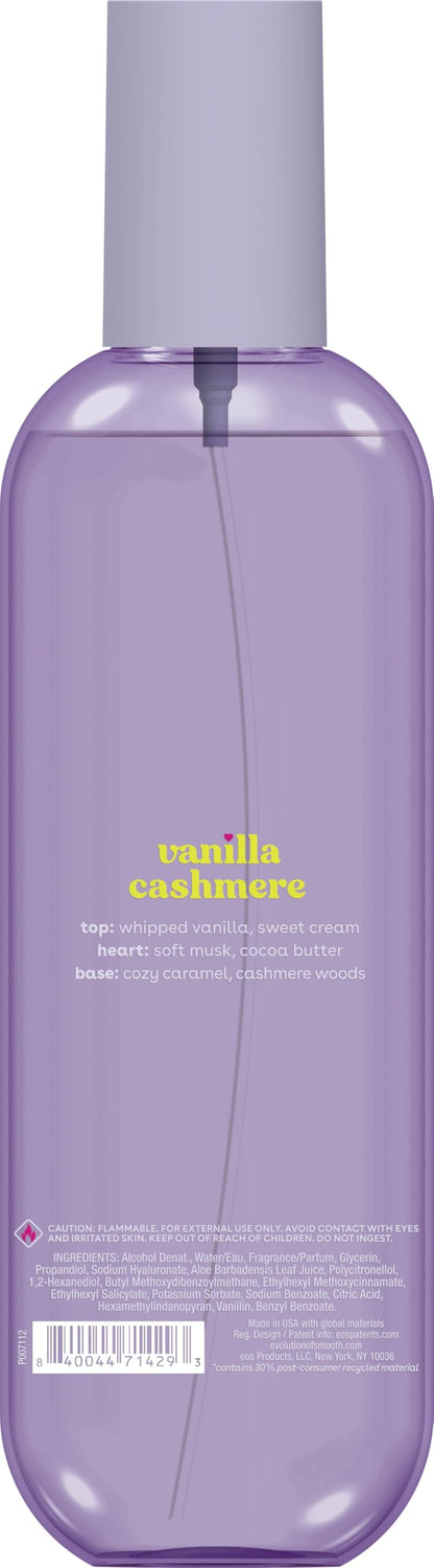 Eos Cashmere body mist bottle next to complementary skincare products