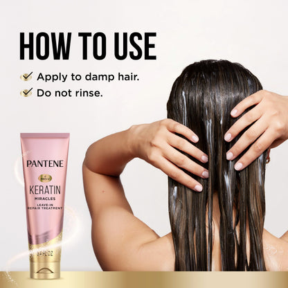 Pantene Keratin Leave-In Conditioner bottle next to hair care routine items