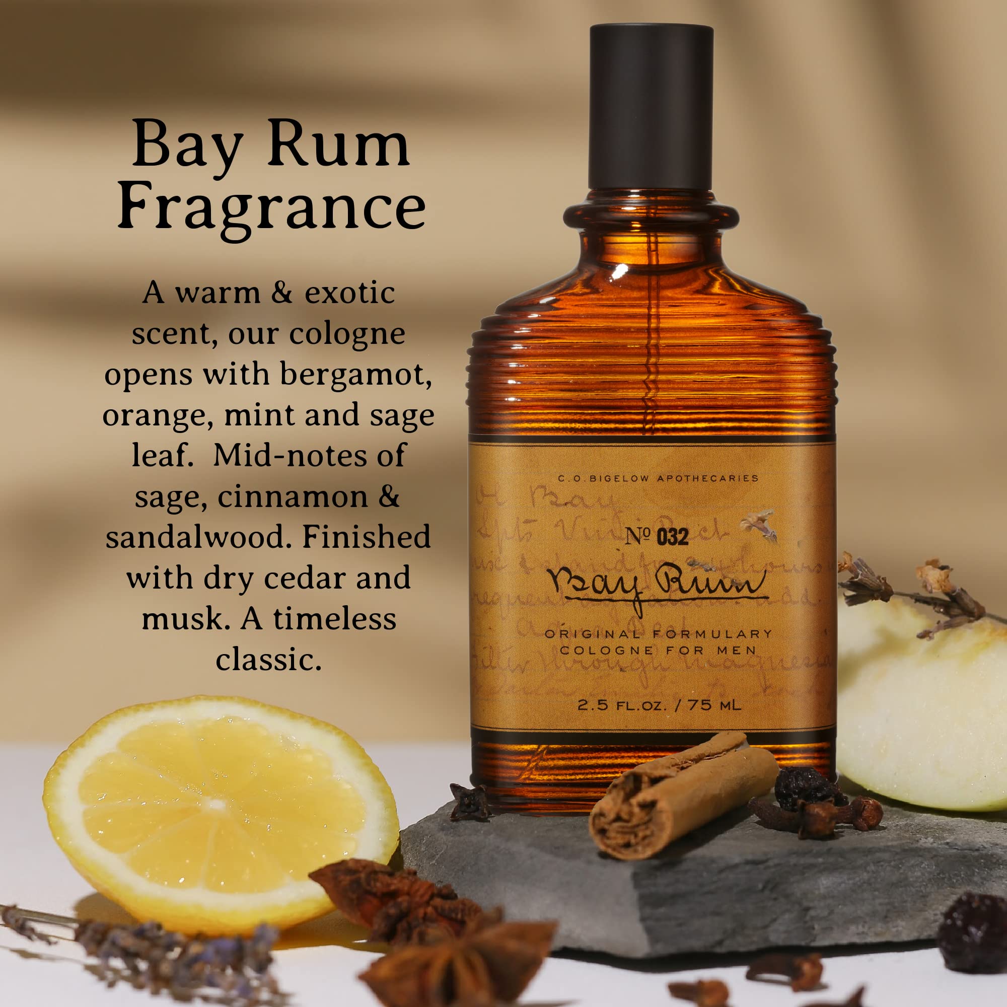 C.O. Bigelow bay oil and spice men perfume box display on plain background