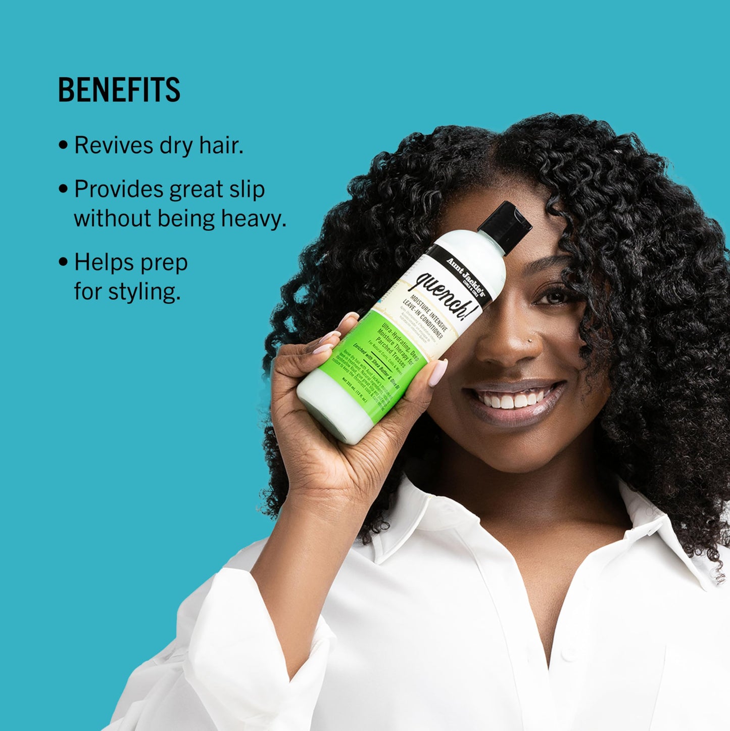 Side view of Aunt Jackie's Quench leave-in conditioner 12 ounce packaging