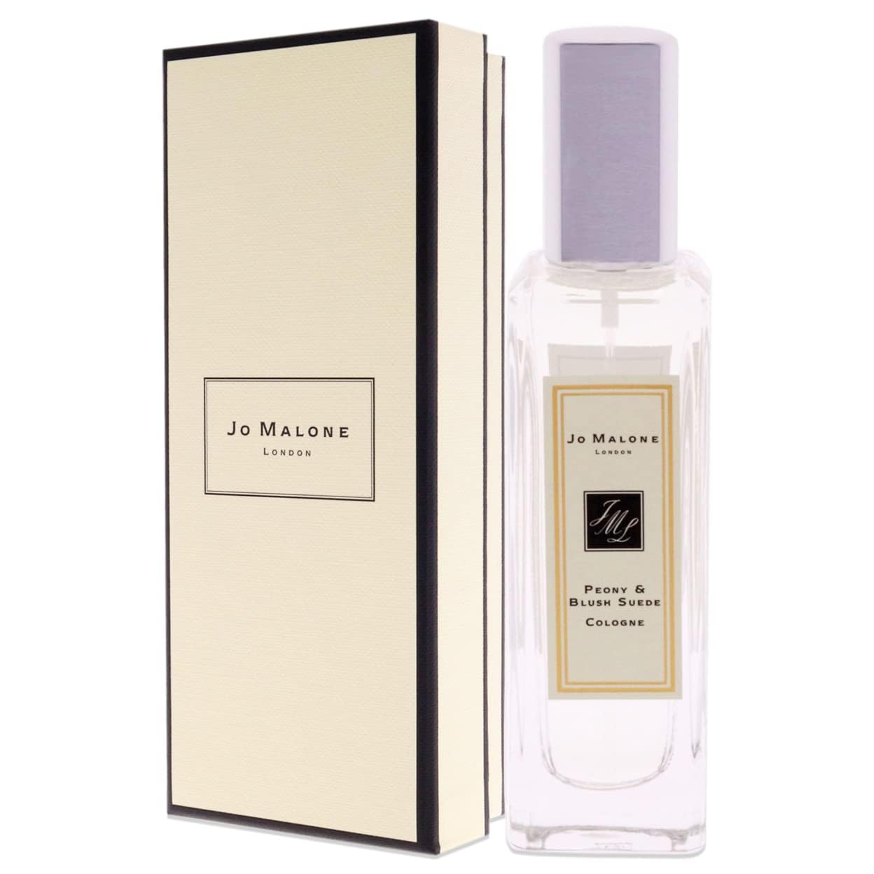 Jo Malone Peony and Blush Suede bottle showcasing clear liquid and silver cap