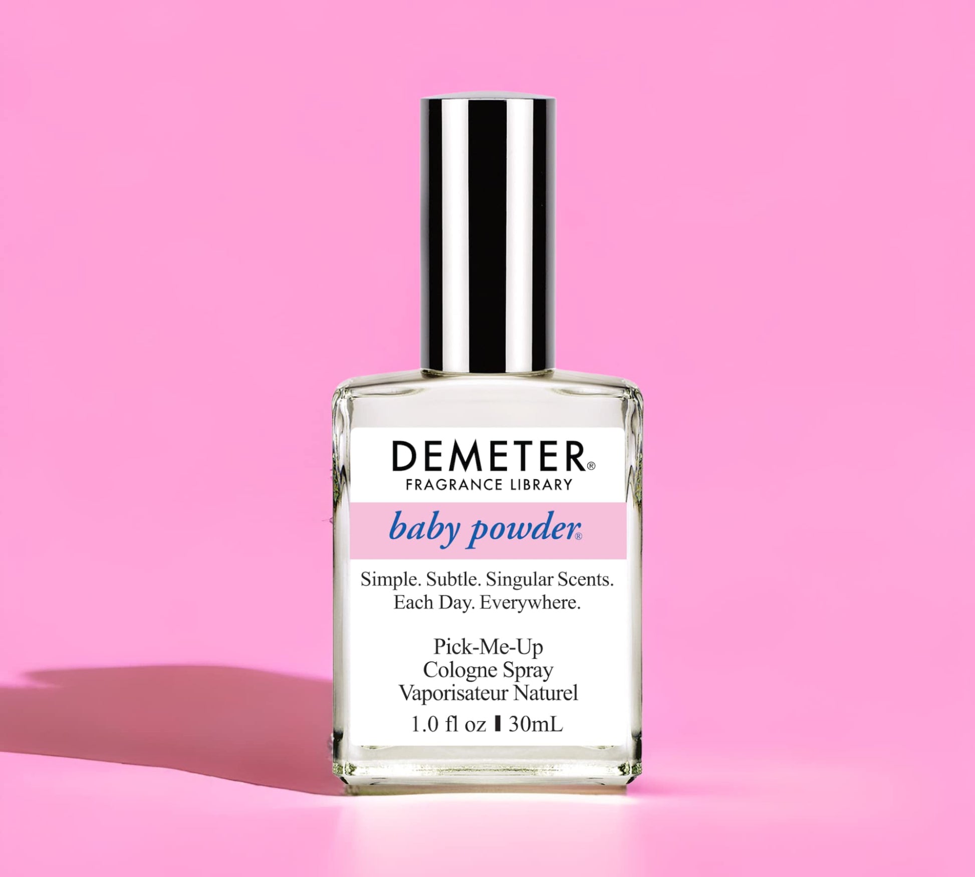 Demeter Baby Powder Cologne Spray authentic niche perfume bottle on plain background