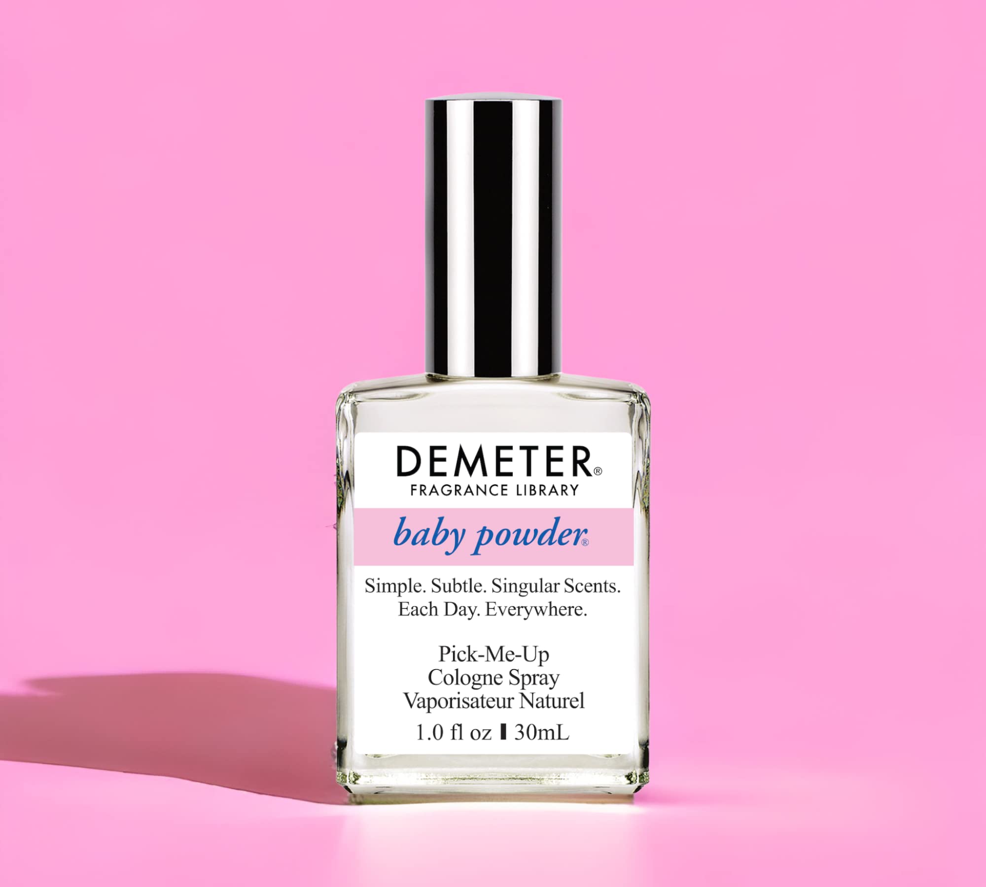 Demeter Baby Powder Cologne Spray authentic niche perfume bottle on plain background