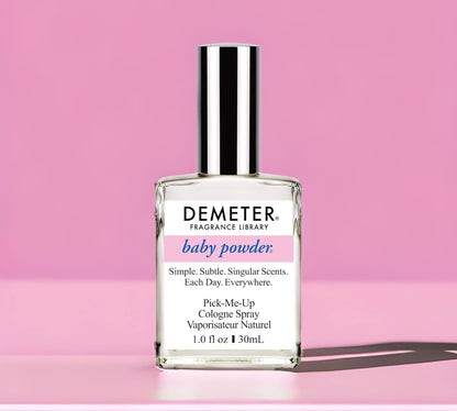 Demeter Baby Powder Cologne Spray side angle view displaying clear formulation liquid