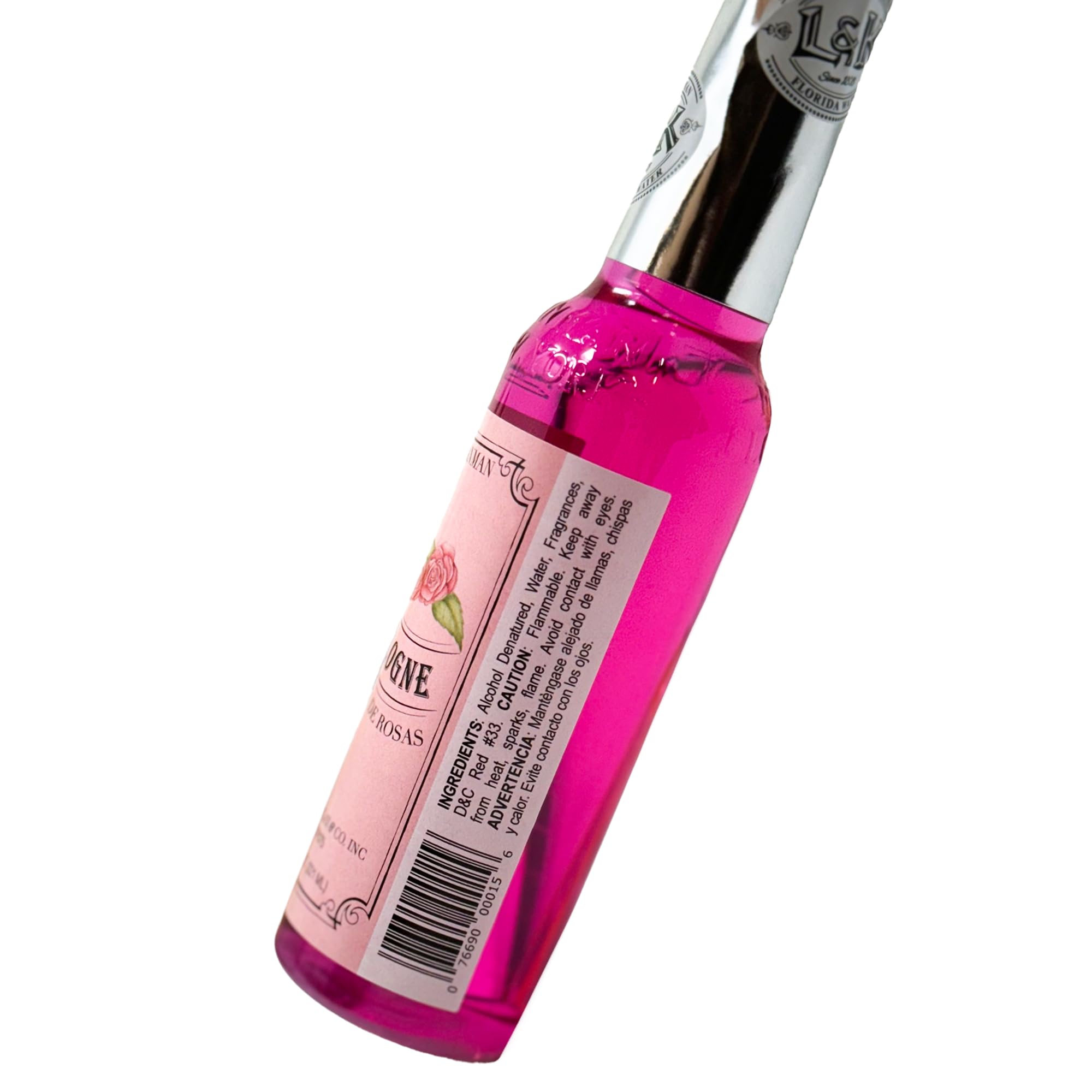 Murray & Lanman Rose Cologne showing liquid details and spiritual cleansing bottle label