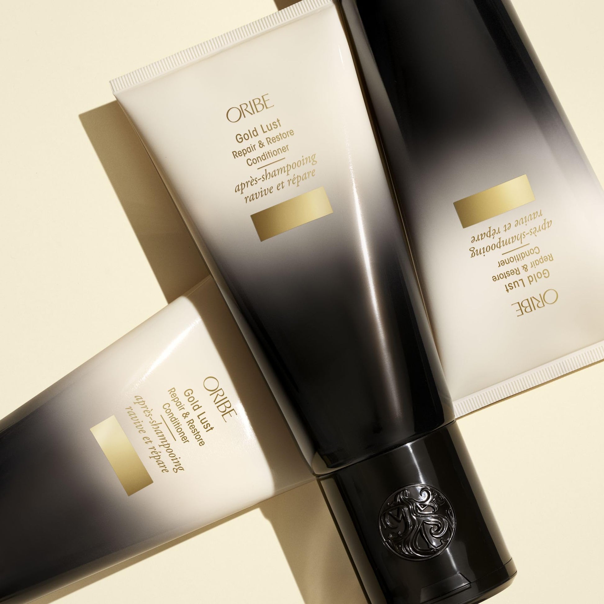 USA imported Oribe Gold Lust conditioner product styling display.