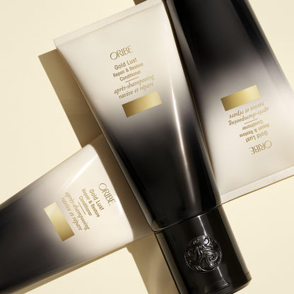 USA imported Oribe Gold Lust conditioner product styling display.