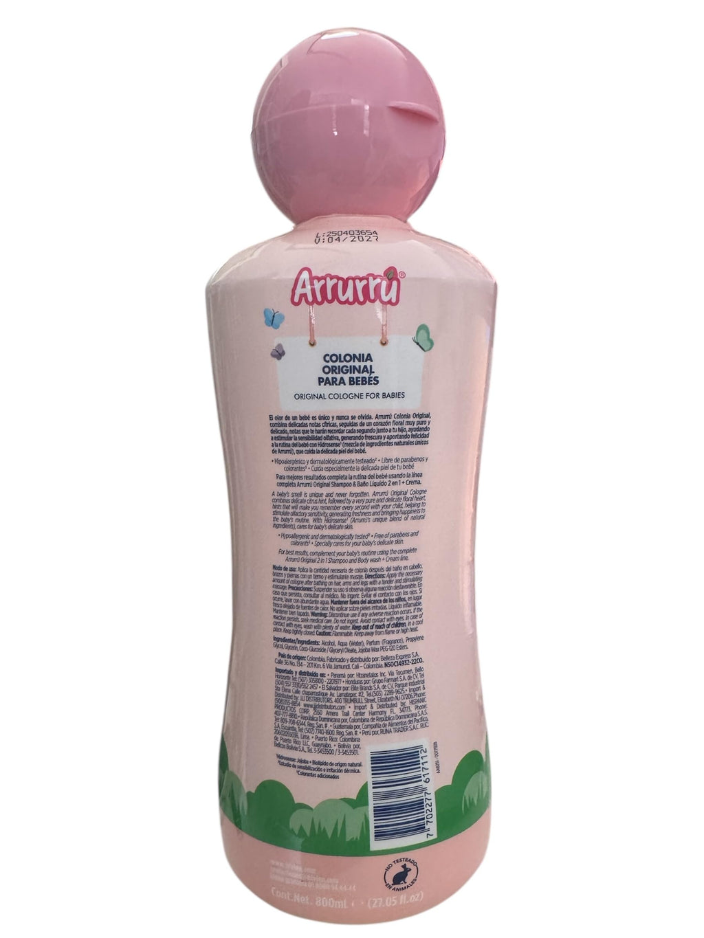 Side angle view of Arrurru Naturals baby cologne pink liquid bottle detailing natural ingredients list
