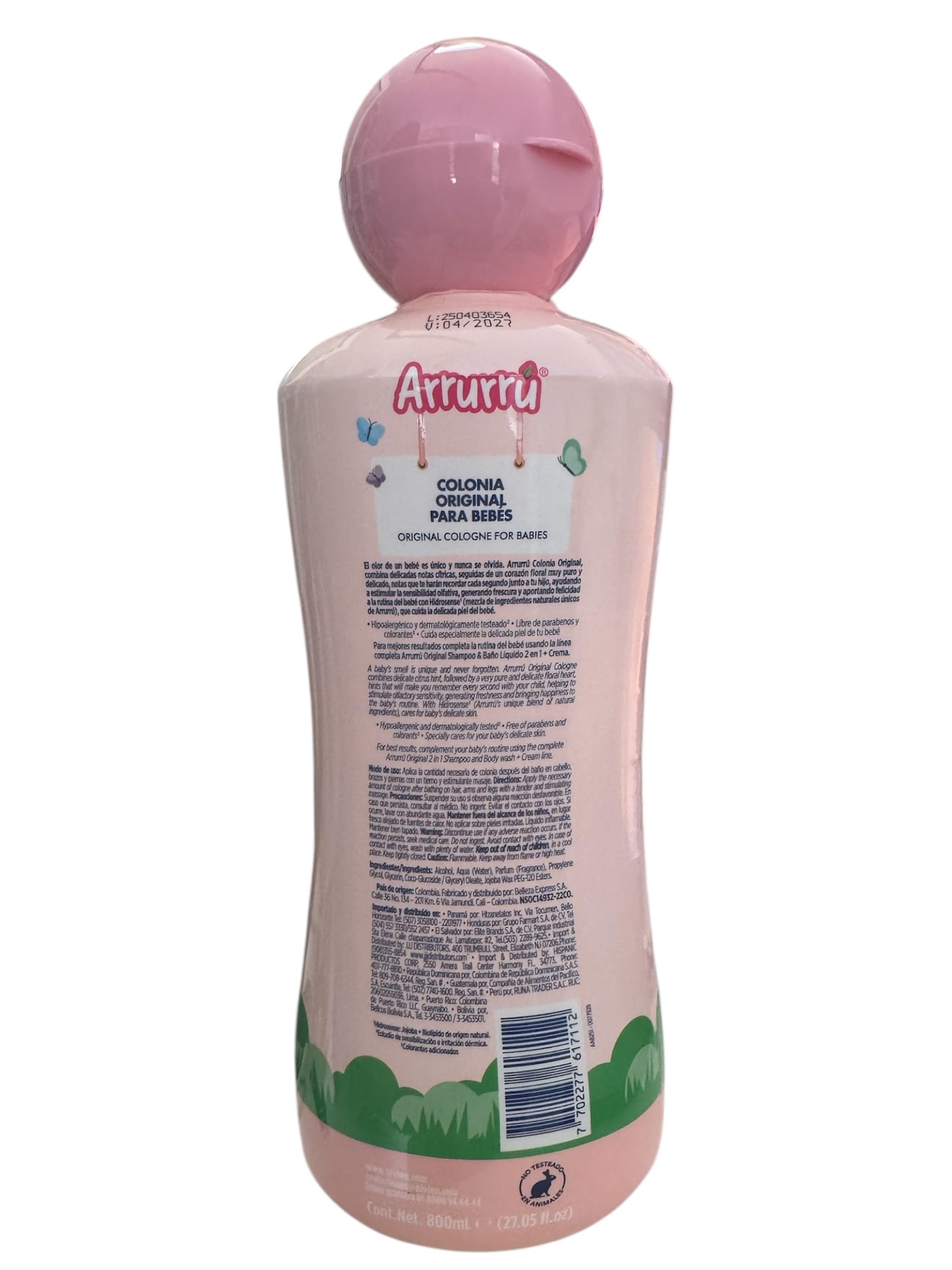 Side angle view of Arrurru Naturals baby cologne pink liquid bottle detailing natural ingredients list