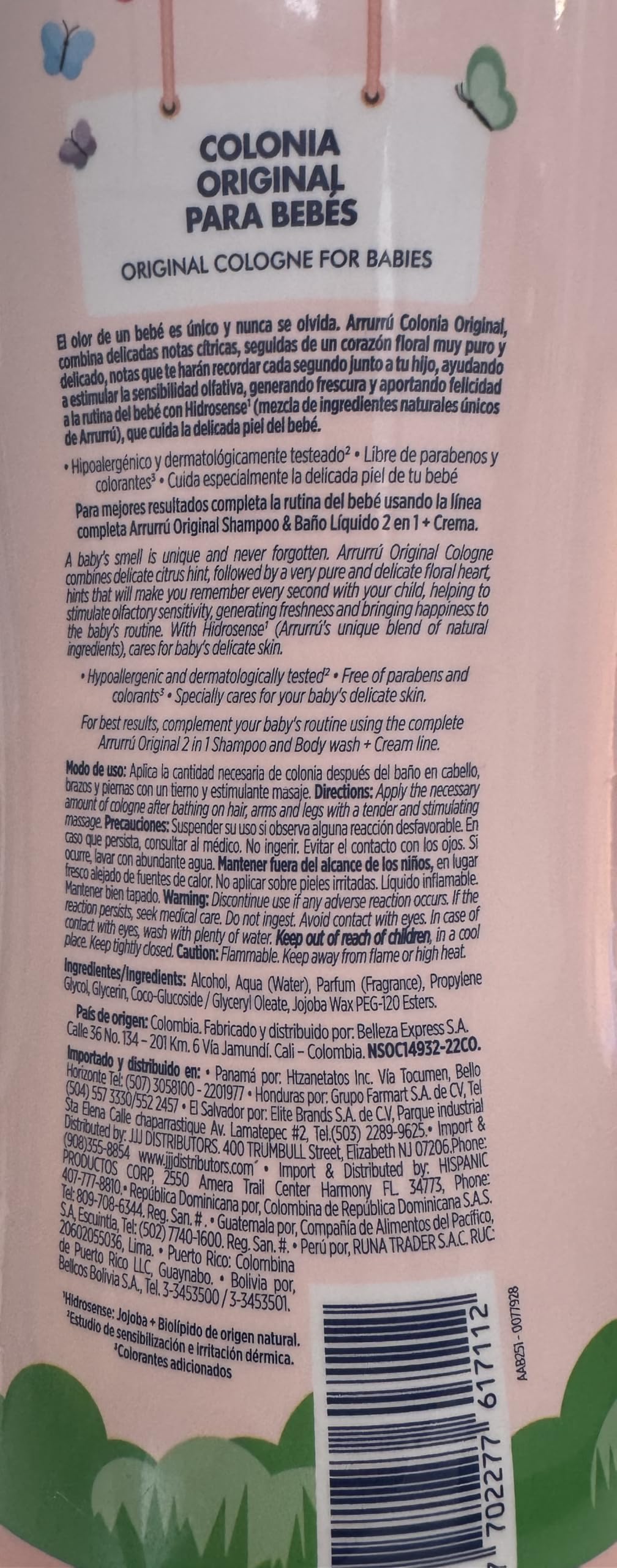 Back label close up of alcohol free infant fragrance showing hypoallergenic certification and usage directions