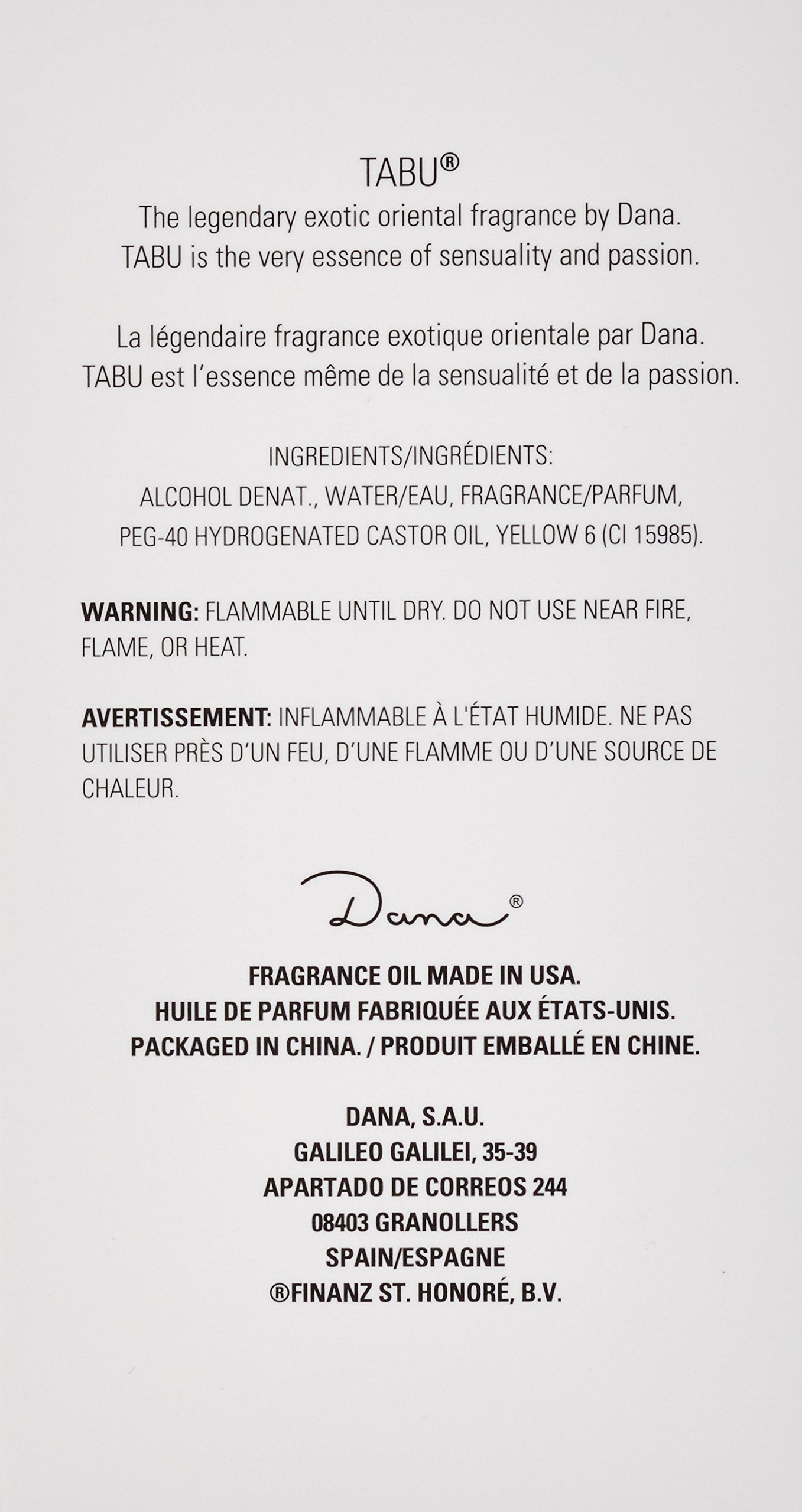 Authentic Dana Tabu 100ml cologne spray bottle for women on a clean display background showcasing its iconic design.