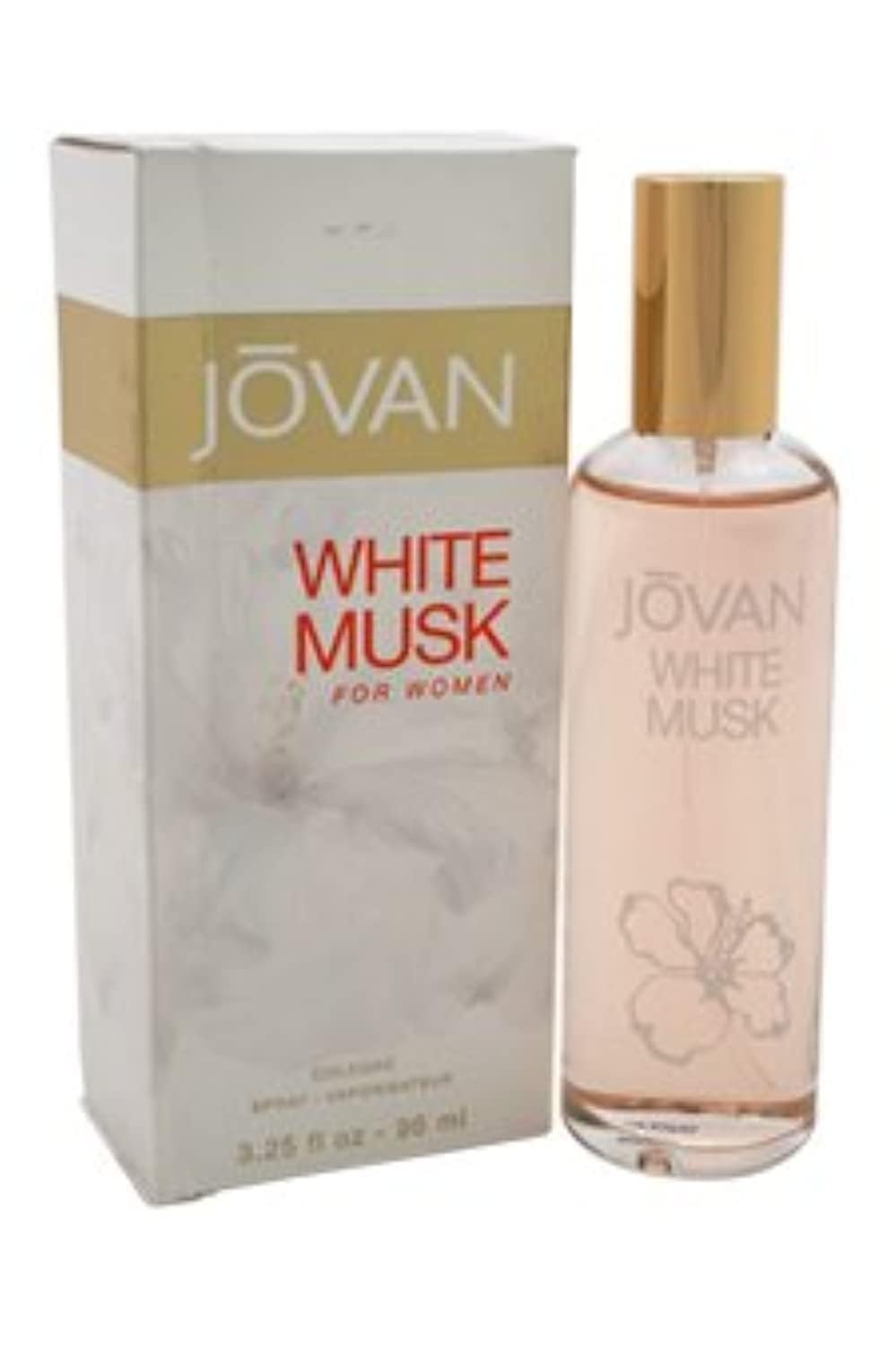 Three point twenty five ounce bottle of Jovan White Musk fragrance highlighting the clear liquid formulation.
