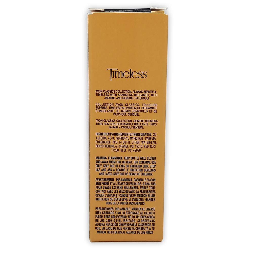 Avon Timeless spray cologne showing clear glass bottle design details