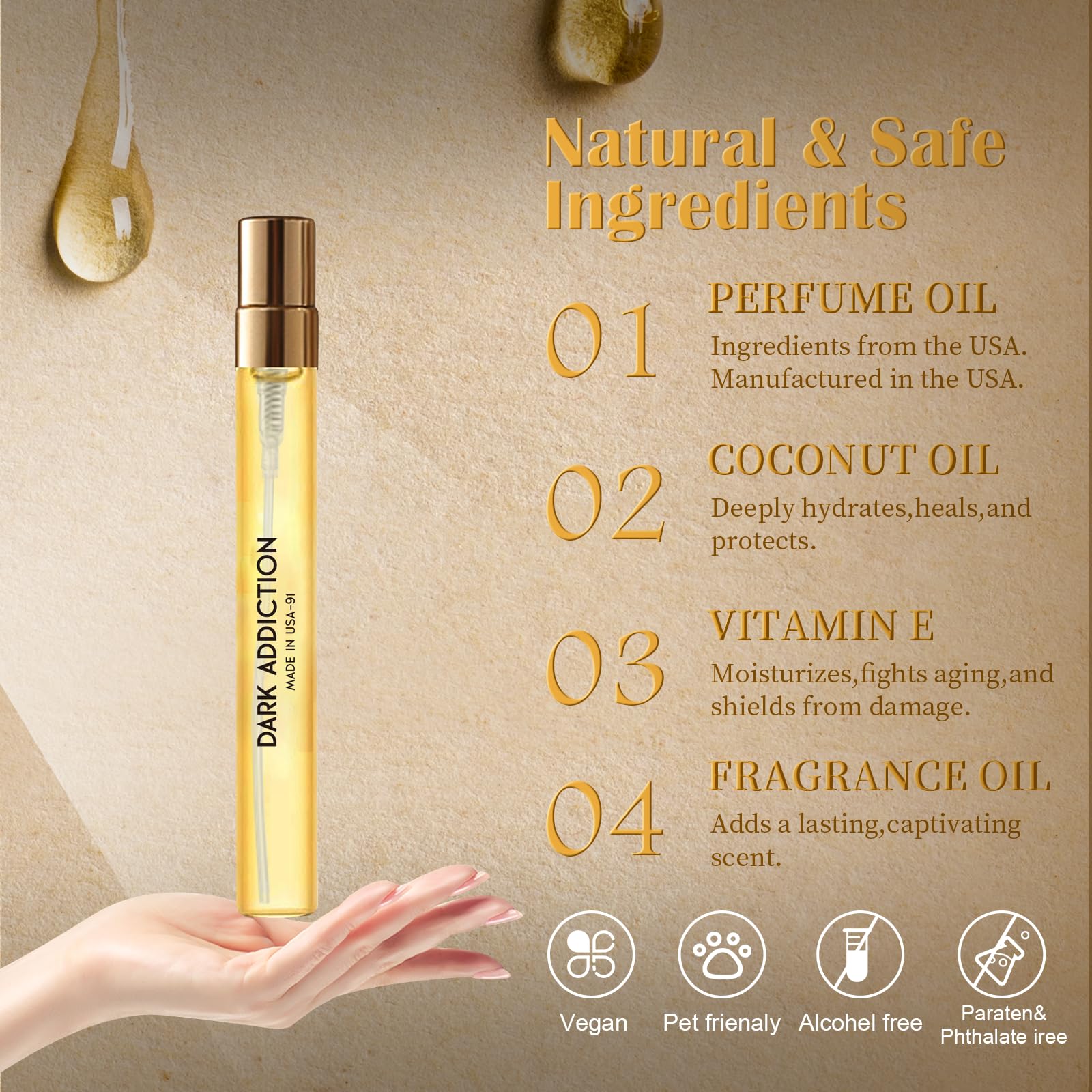 Close-up of the leak-proof spray nozzle on the PUREU concentrated amber vanilla perfume oil container.