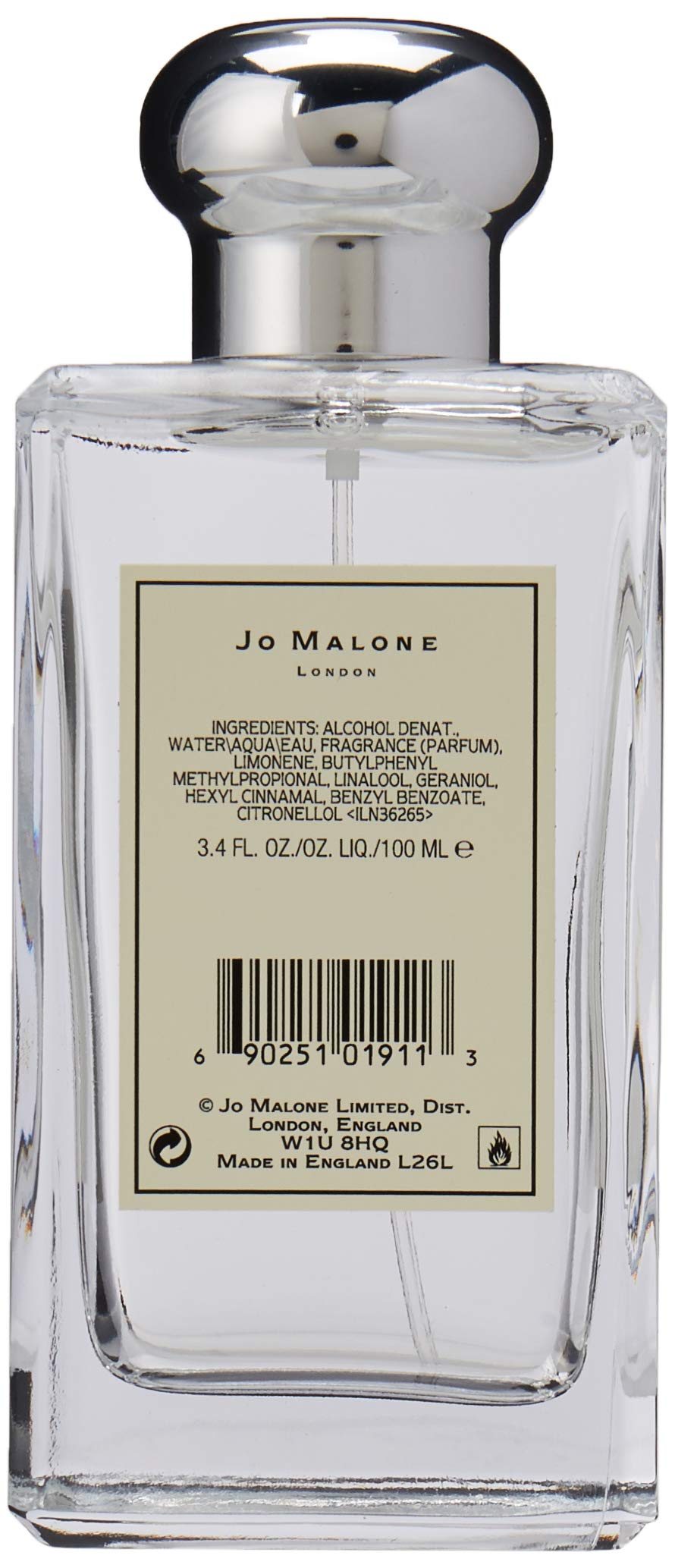 Authentic Jo Malone English Pear and Freesia 100ml perfume bottle on a clean background highlighting the silver cap