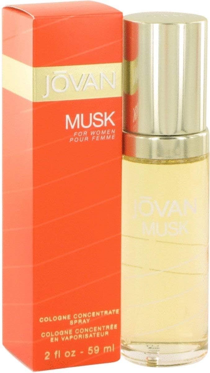 Authentic 2.0 Ounce bottle of Jovan Musk perfume showcasing the clear glass and orange spray cap.
