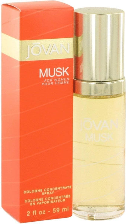 Authentic 2.0 Ounce bottle of Jovan Musk perfume showcasing the clear glass and orange spray cap.