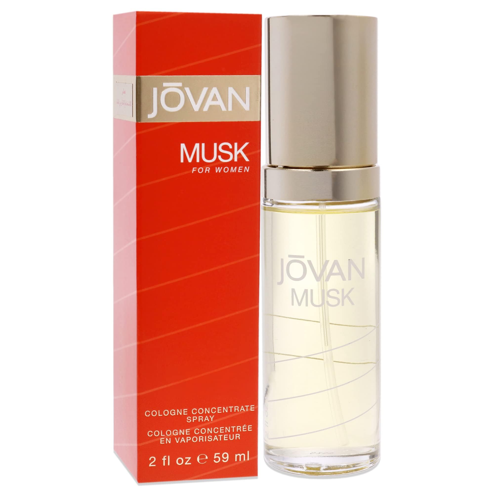 Side profile of Jovan Musk for Women perfume concentrate bottle with global safety ingredients list visible.