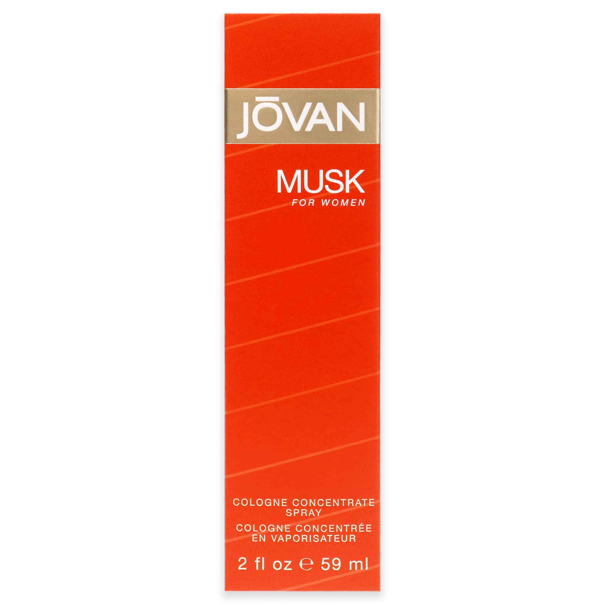 Imported Jovan Musk Cologne Concentrate 60 Milliliter spray bottle angled next to its iconic cardboard box.