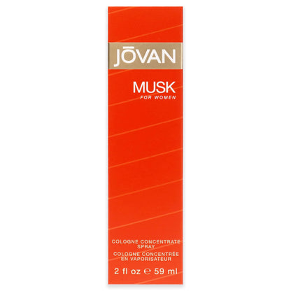 Imported Jovan Musk Cologne Concentrate 60 Milliliter spray bottle angled next to its iconic cardboard box.