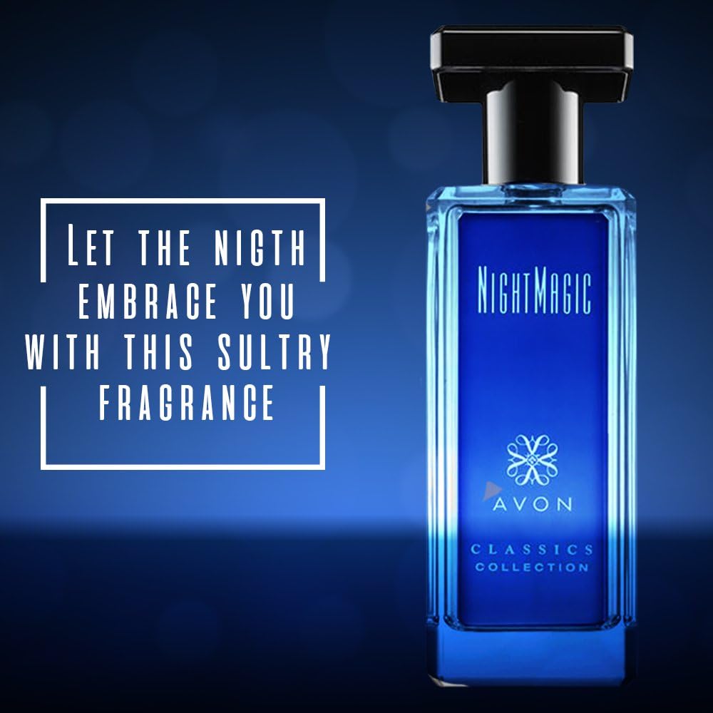 Avon Night Magic original packaging box showcasing the product branding and ingredients list clearly.